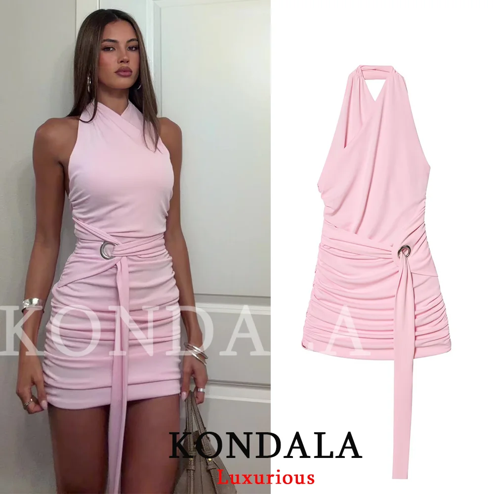 KONDALA Sexy Chic Damenkleid Rosa Einfarbig Neckholder Rückenfreies Plissiertes Mini-Partykleid Mode 2026 Sommer Frühling Etuikleid Strandkleid