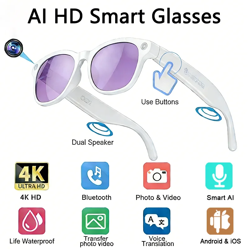 8K HD AI Smart Glasses 800w Pixel Multifunctional Camera Bluetooth Call Voice Assistant Music Player Smart Translation ﻿