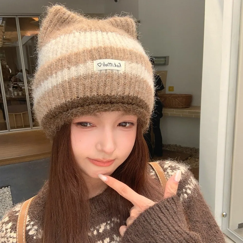 Wool Polyester Mix Striped Knitted Beanie Hat Stretchy Fit Warm Thermal Lining Earflap Cat Ear Beanie