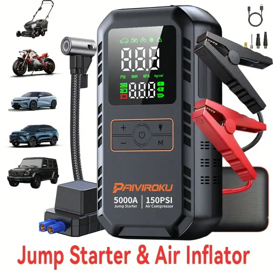 5000A Car Jump Starter Jump Starter With Air Compressor, 150PSI Tire Inflator, 5-In-1 Portable Emergency Battery Booster With LCD Display, Fast Charging Power Bank And LED Flash Light