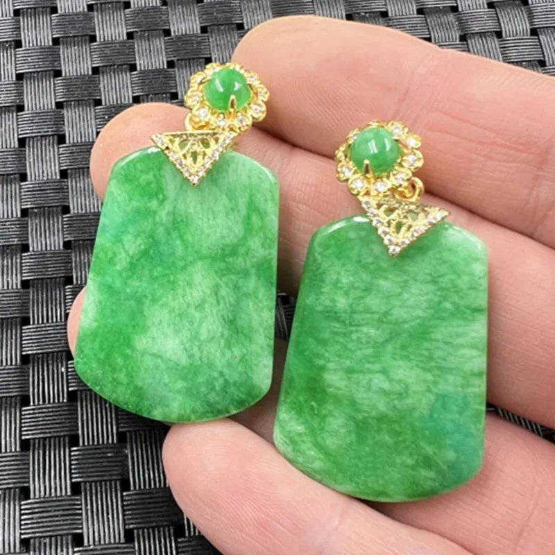 Emerald Green Dry Green No Word Brand Jade Pendant White Background Green Trapezoidal Diamond-Embedded Jade Brand Ziyang Green P