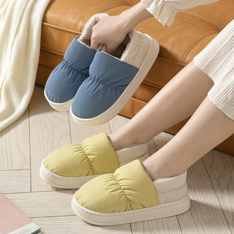 2022 Winter Waterproof Down Slippers Women Indoor Home Shoes Men Women Warm Plush Platform Slipper Closed Back Cotton Shoes