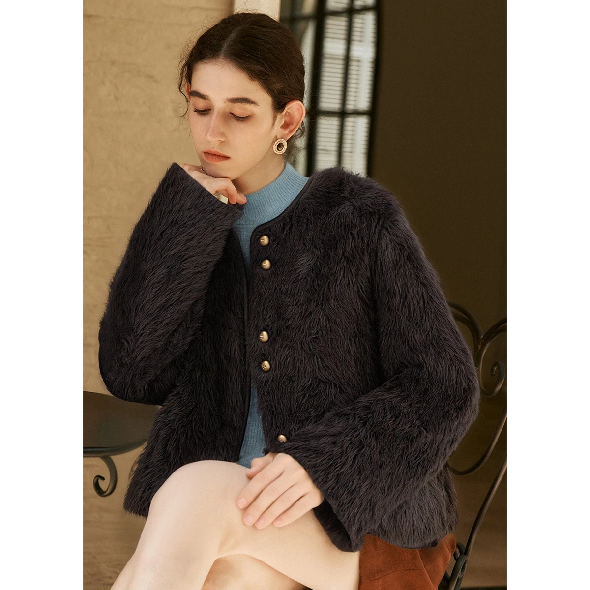 OLrain Commute معطف فرو صناعي بسيط للنساء شتاء 2025 سترات برقبة دائرية معاطف صلبة فضفاضة واحدة الصدر للسيدات GO57DP002511 #4