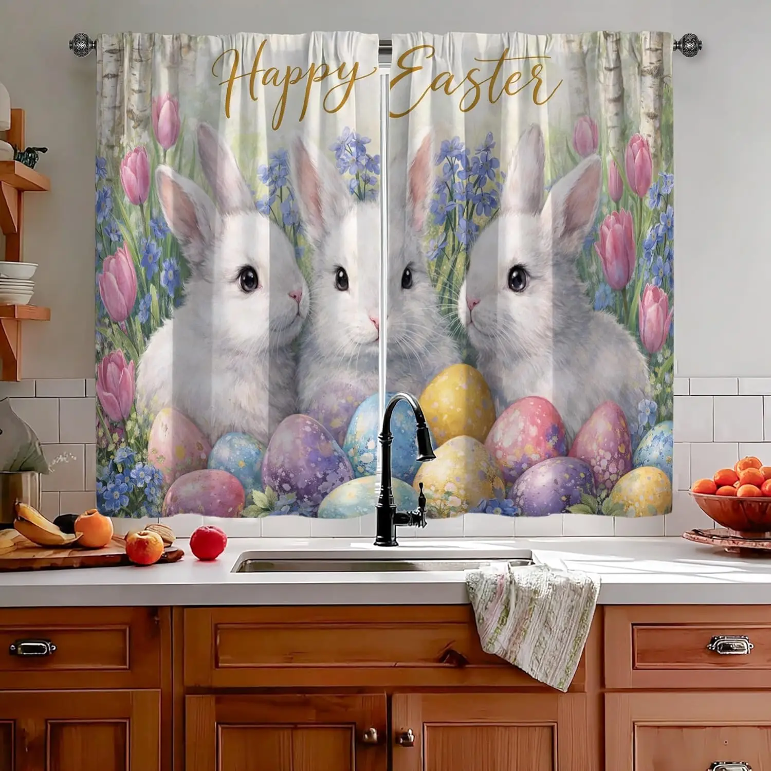 Rabbit Kitchen Curtains,Spring Festive Egg Tulips Easter Pastel Light Filtering Kitchen Curtains Window Decoration for Sink Area