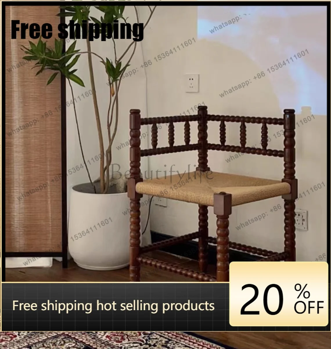 Customization*Design French medieval solid wood old log Roman column hand-woven dining chair dressing chair
