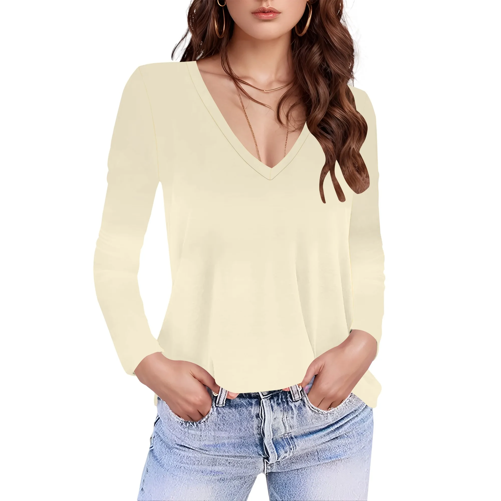 

Womens 2025 Fall Long Sleeve Shirts Basic Apparel Shirts Trendy V Neck Tshirt for Women Curved Hem Tops