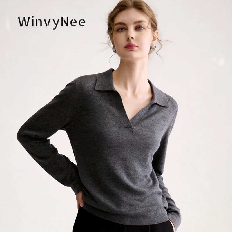 WinvyNee Women Knitted Top Superfine Pure Wool Seagull Collar Long Sleeve Airy Office Chic Daily Knit Tailored Shapely. A1847006