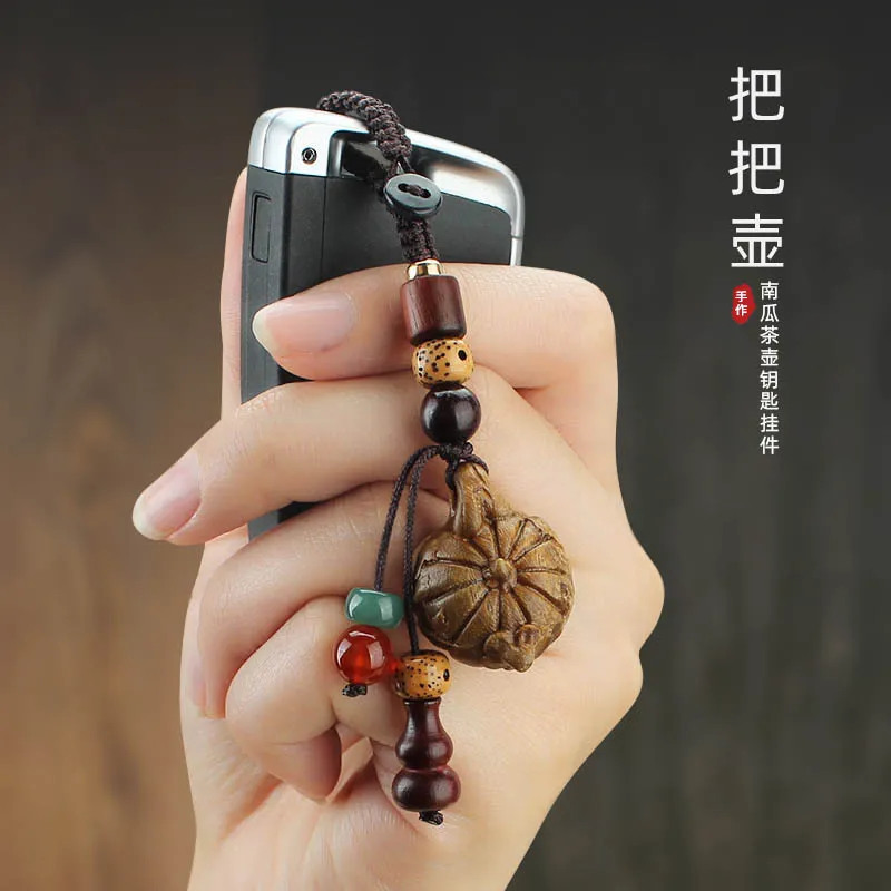 DIY accessories Rosewood handle pot car keychain pendant women's green sandalwood teapot wooden pendant creative gift bag pendan