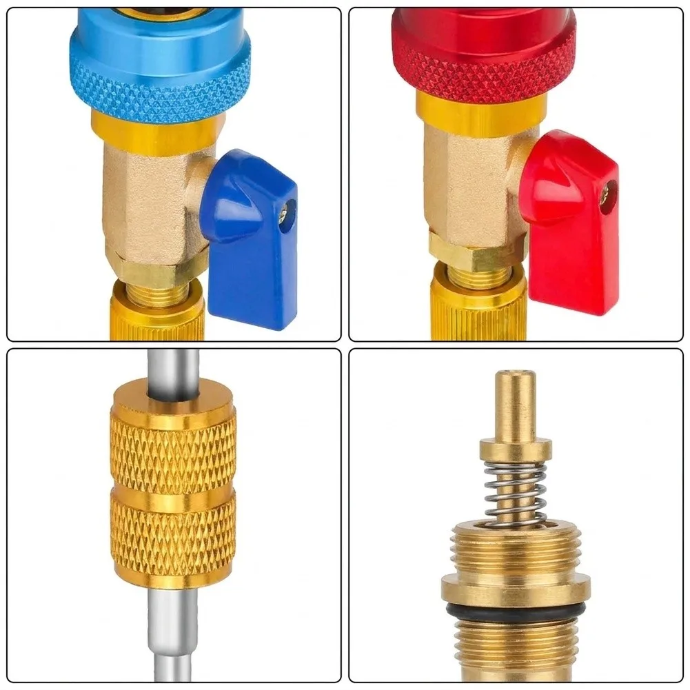 Brass AC Valve Core Tool Compatible with R134a Includes Red High Pressure Blue Low Pressure Valves Wrench and Protective