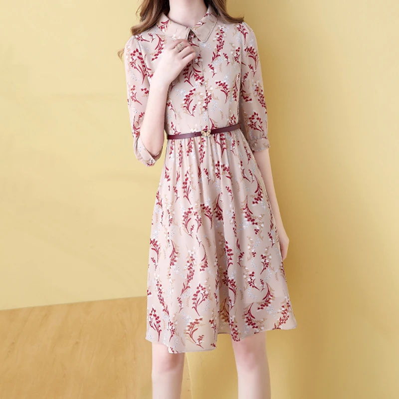 EVNISI Chic Polo Collar Chiffon Dress With Belt Elegant Floral Printing A-line Dresses Summer Women Casual Slim Fairy Vestido