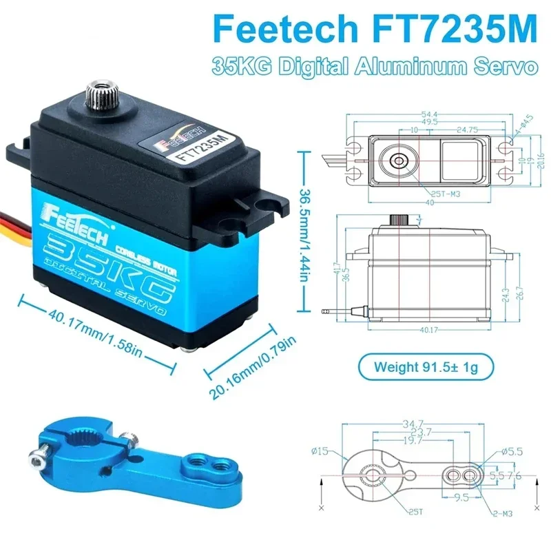 Servo Numérique FT7235M, 35kg, Engrenage en Acier à Couple ÉWer, Étanche, 6-8.4V, 180 Résistant pour Voitures 1/8 1/10 RC, Bras de Robot, Avion