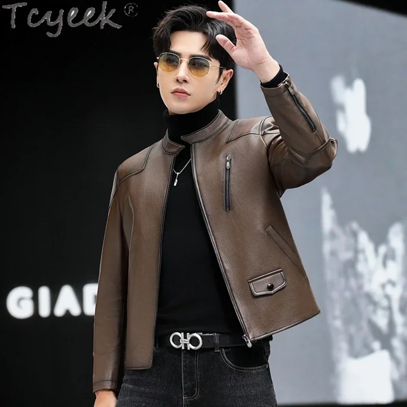 Tcyeek Top Layer Cowhide Coat Vintage Genuine Leather Man Jackets Stand Collar Autumn Winter Motocycle Jacket Men Clothing Chic