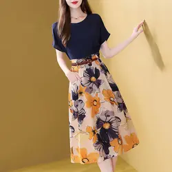 Conjunto de vestido Retro elegante para mujer, camiseta + falda Floral de línea A, conjunto de dos piezas, ropa de oficina, verano, novedad de 2022