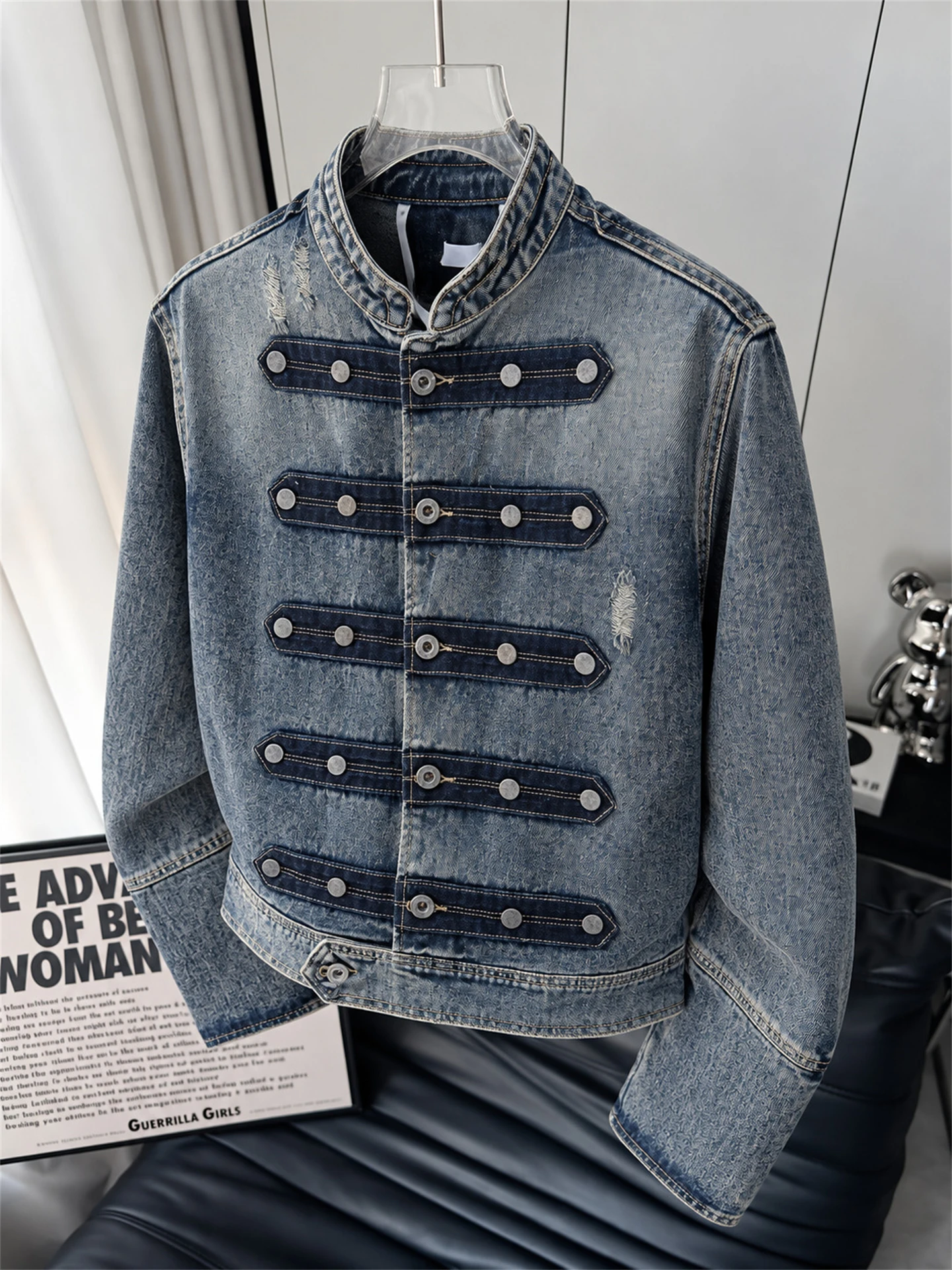Retro Washed Loose Fit Men's Denim Jacket Napoleon Style Stand Collar Contrast Color Spring Autumn Casual Youth Fashion
