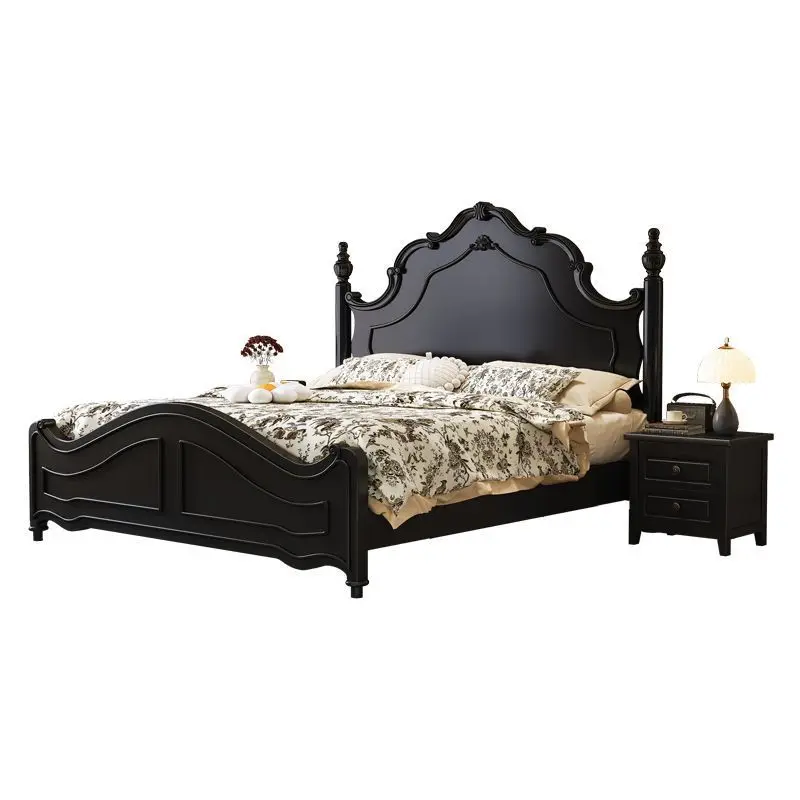 LH new Chinese retro style full solid wood bed modern simple wedding bed bedroom furniture