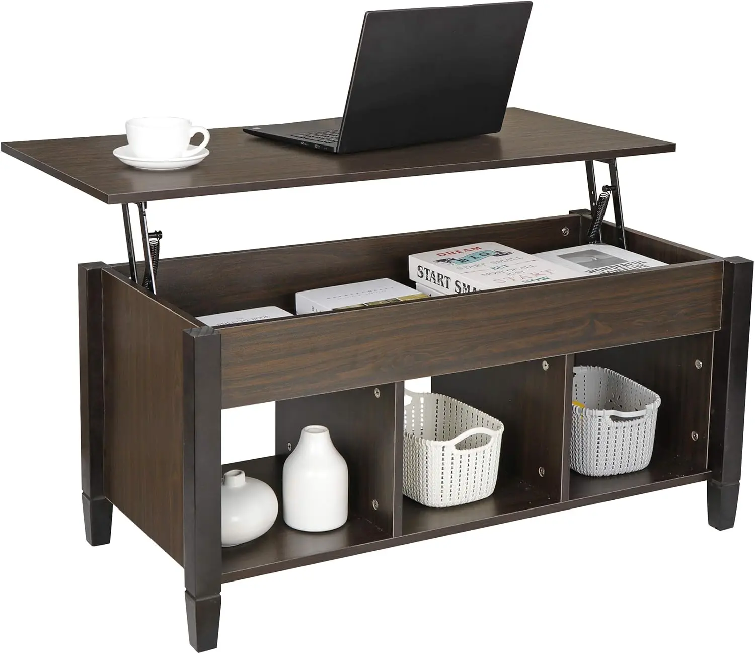 

Wood Coffee Lift Tabletop w/Hidden Compartment 3 Modern Pop-up Rising Dining for Room, 41 in L Espresso Coffee grinder