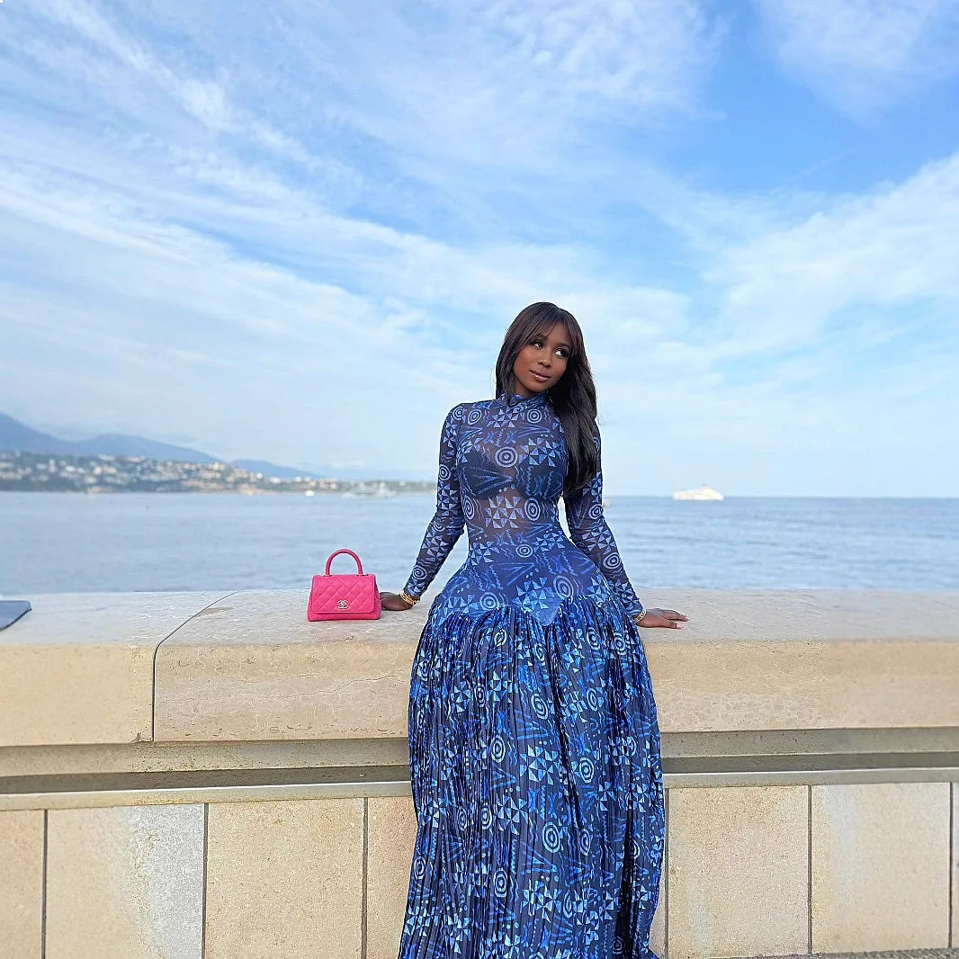 

Long Sleeve High Neck Floral Print Dresses for Women Spring Summer Flowy A Line Dress with Waist Tie