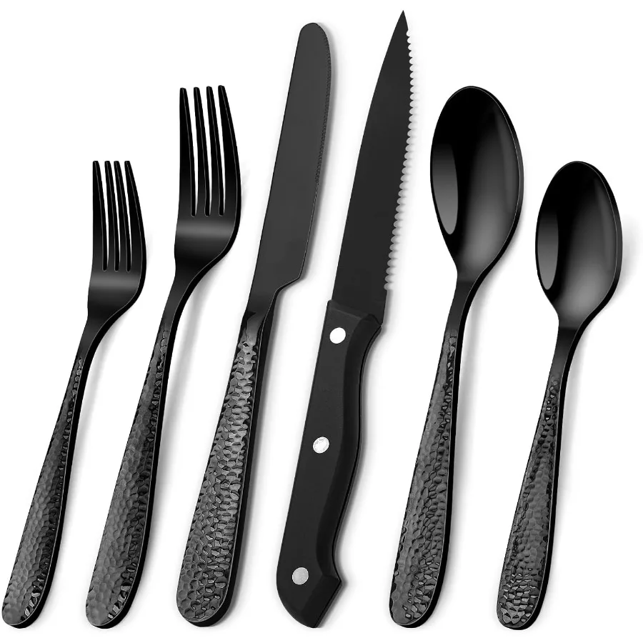 

Набор кованых столовых приборов для 8 сверхмощных черных столовых приборов 18 0, с ножами для стейка, 48 предметов, набор кухонных столовых приборов из нержавеющей стали I