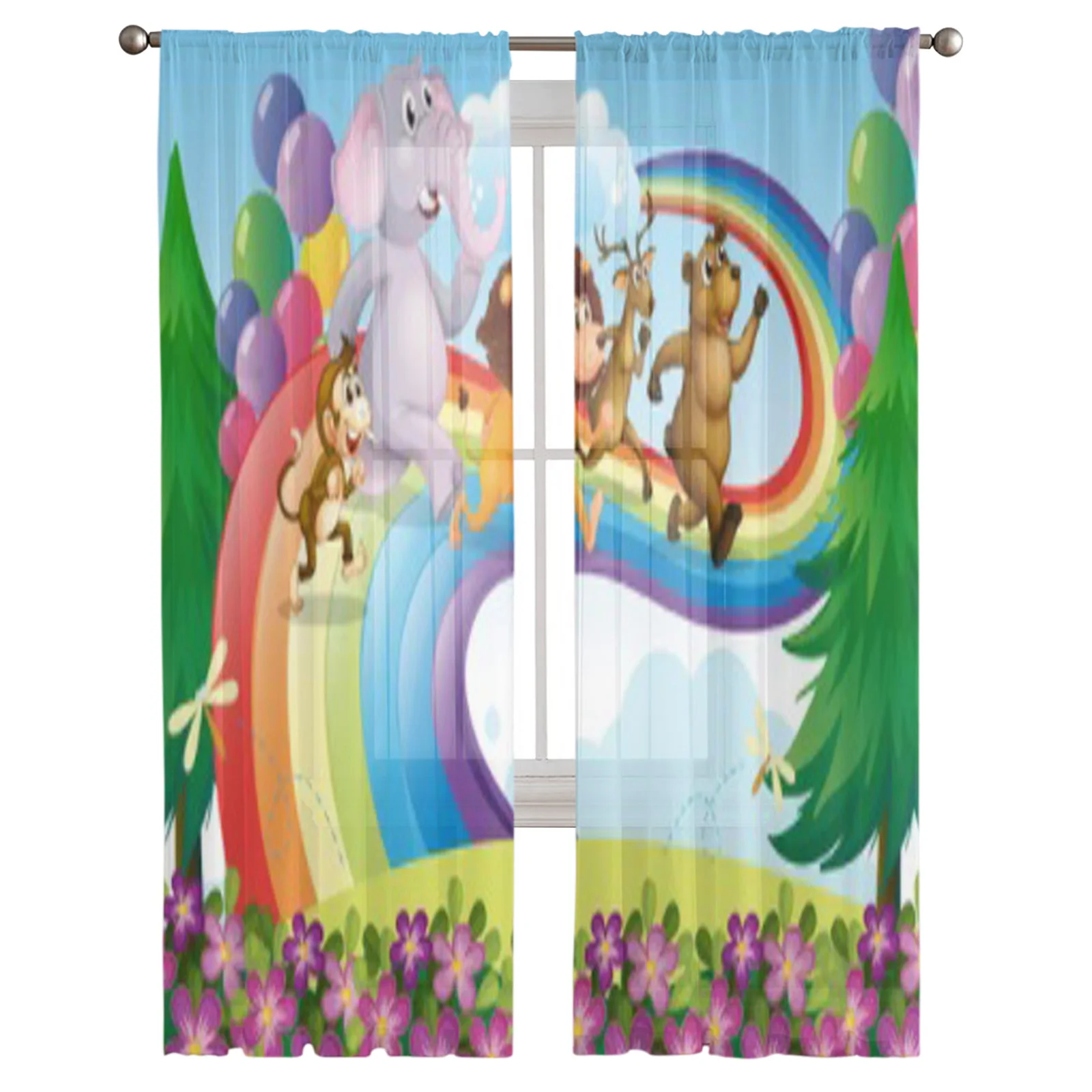 Illustration Of A Group Of Animals At The Rainbow Bay Window Screening Curtains Voile Drape Sheer Tulle for Living Room Bedroom