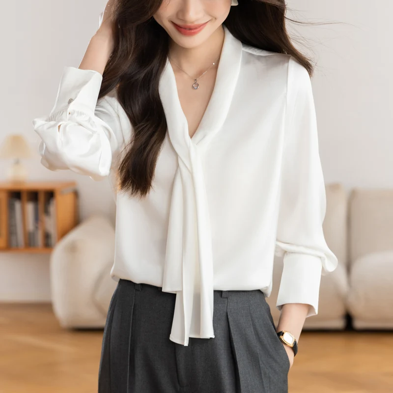 

Vintage Women's Blouses Solid Color Casual Shirts Fashion Loose Summer Clothing Long Sleeved Korean BOW Chiffon Women Tops