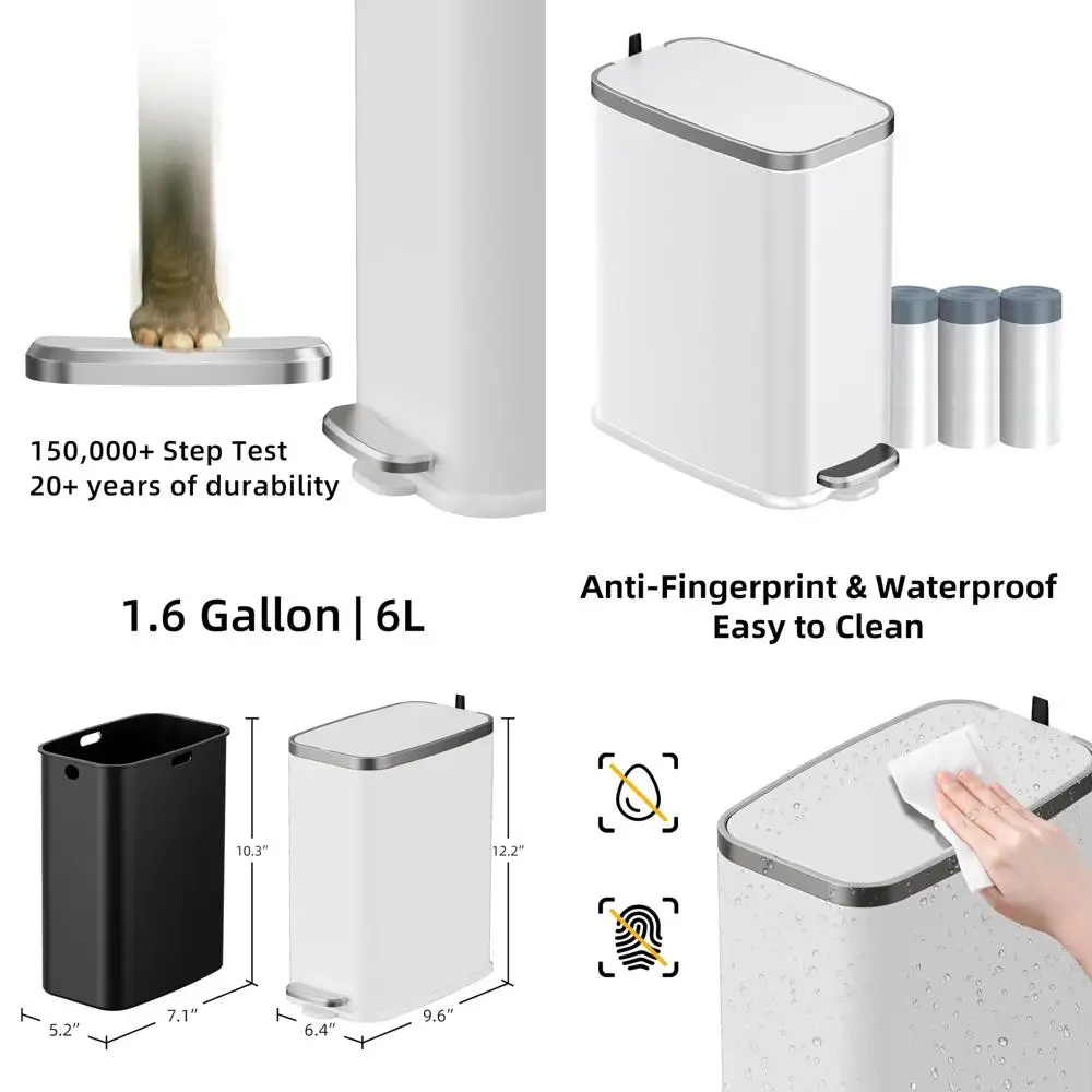 

Белый тонкий мусорный бак из нержавеющей стали емкостью 1,6 галлона с мягкой крышкой для использования в ванной, офисе и дома