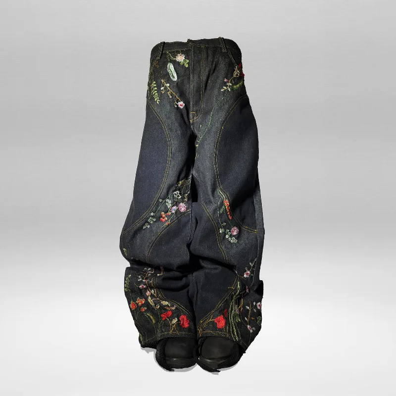 

Y2K Floral Baggy Denim Pants Patchwork Blossom Embroidery Streamlined Seams Streetwear Hip Hop Retro Goth Unisex Oversized Jeans