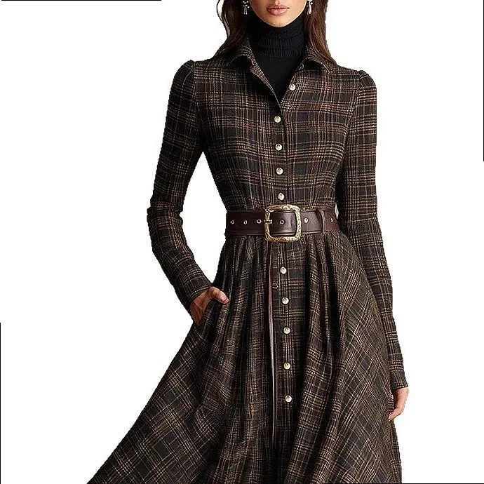 Vintage-Karo-Hemdkleid für Damen, langärmelig, mit Revers, Knopfleiste, Maxikleid mit Gürtel, elegantes, plissiertes, A-Linien-Swing-Kleid für den Herbst – Detail 5