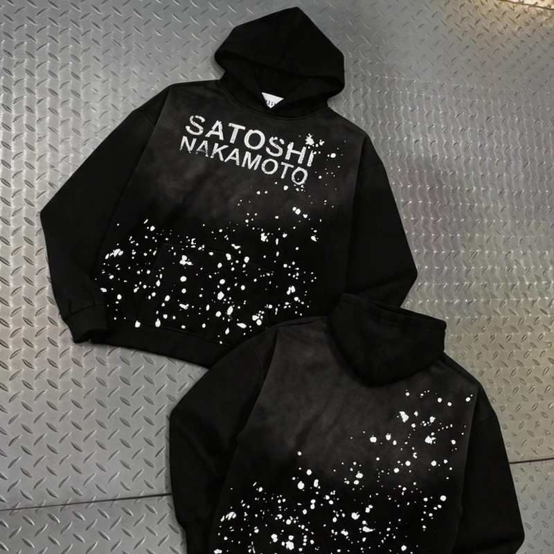 

American High Street SATOSHI Hoodie Ink-sprayed Classic Retro Letter Print Washed Pullover Vintage Y2K Men Women Sweatshirts