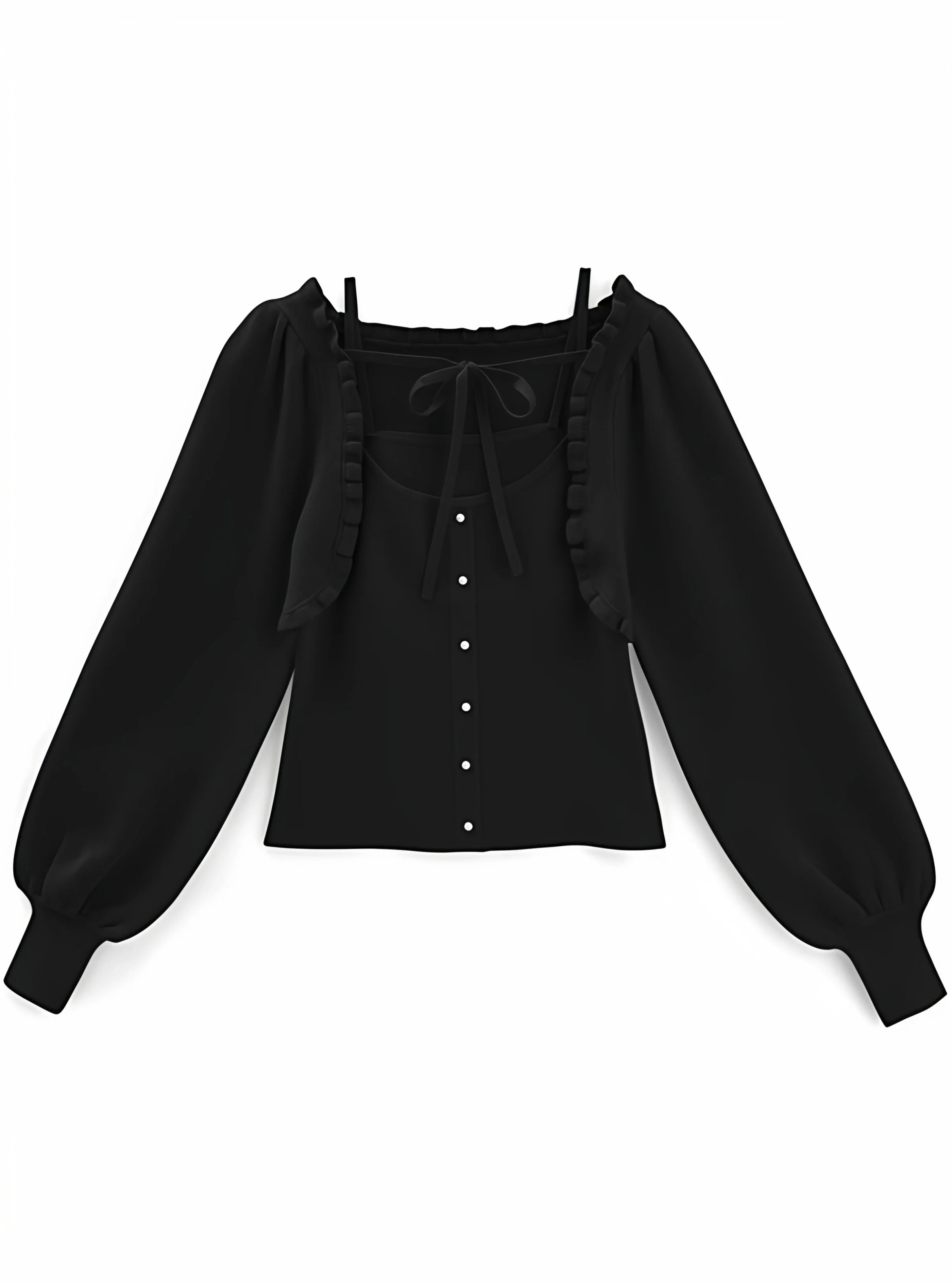 Japanese Sweet Versatile Fungus Edge Short Long-sleeved Knitted Cardigan Double-breasted Suspenders 2-piece Set Spring  Autumn