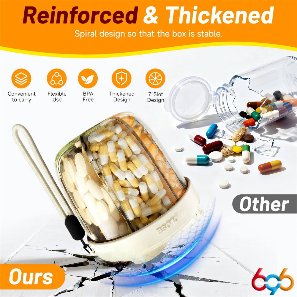 Tragbare Pillenspender-Flasche, Vitamin-Organizer für Reisen, wasserdichte tragbare Medikamententablett-Spenderbox mit 7-Fächern