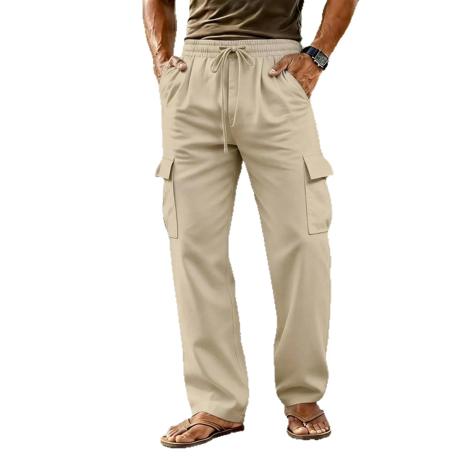 

2026 New Spring and Autumn Workwear Pants Drawstring Solid Color Large Pocket Sports Pants Breathable Daily Casual Cycling Pants
