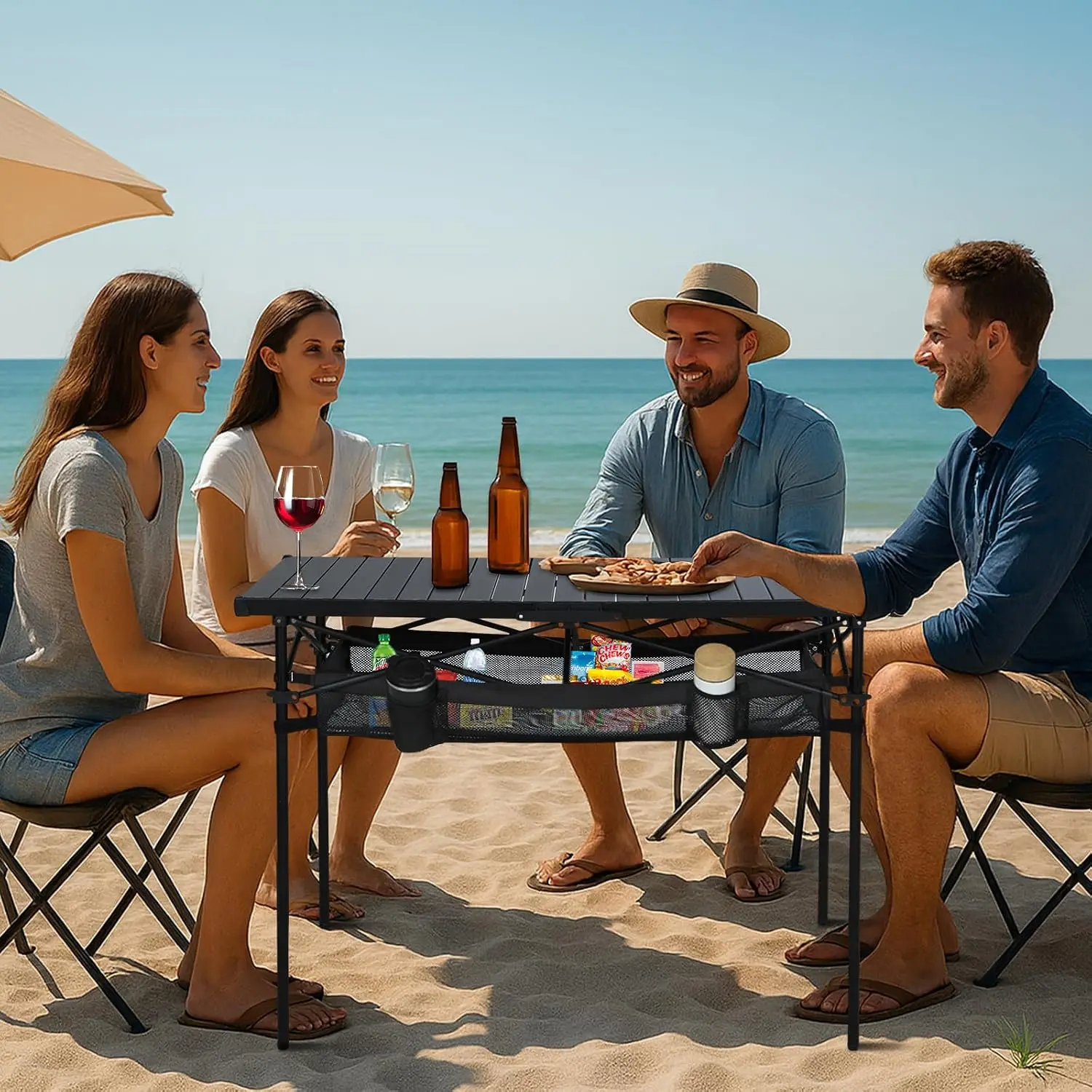 Portable Aluminum Roll-Up Top Folding Camping Table (Black) | Lightweight Collapsible Table, Mesh Net, Cup Holder,, Customized