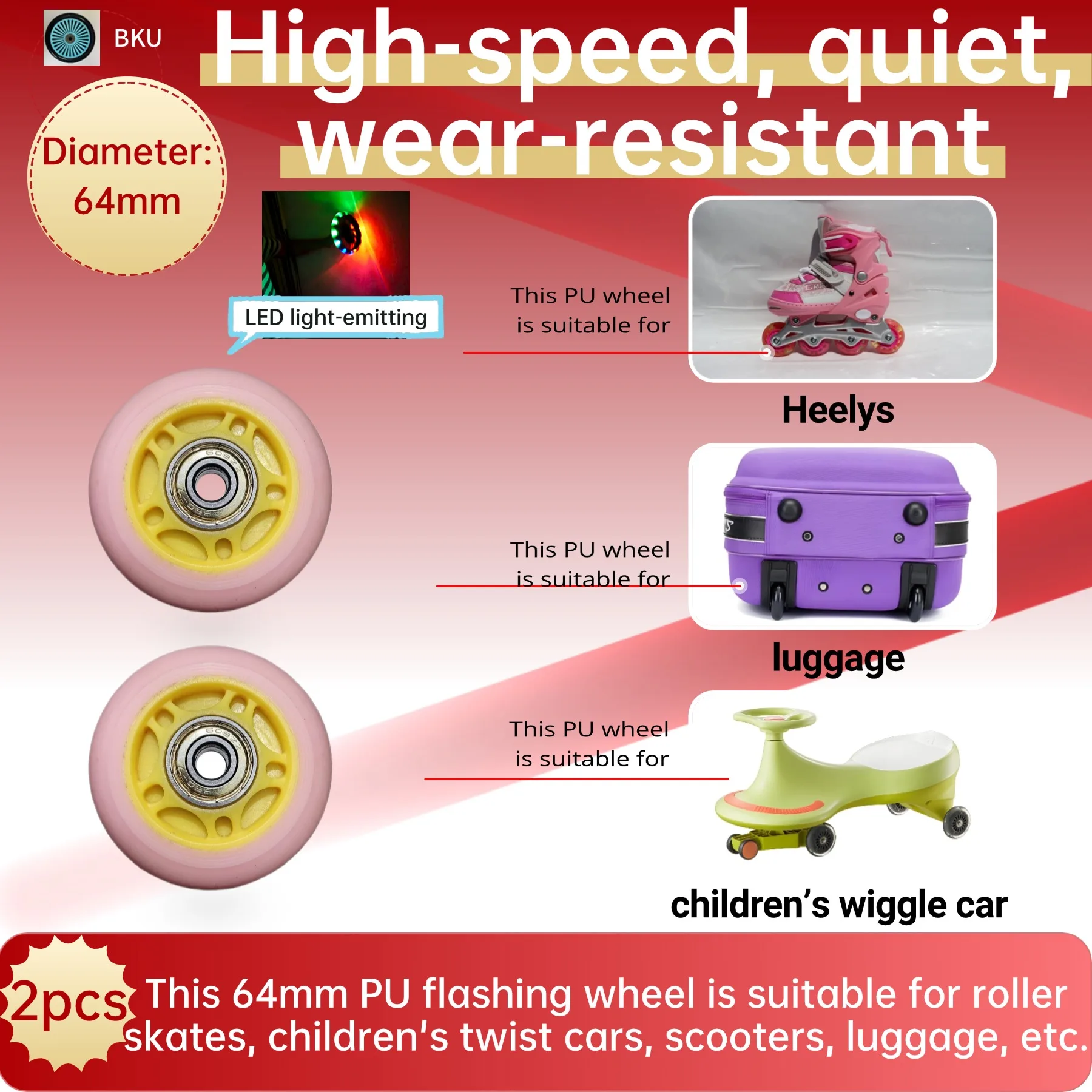 Ruote luminose da 64 mm da 2 pezzi/confezione: ruote in PU silenziose e durevoli per pattini a rotelle e scooter (sostituzione OEM, include cuscinetti)