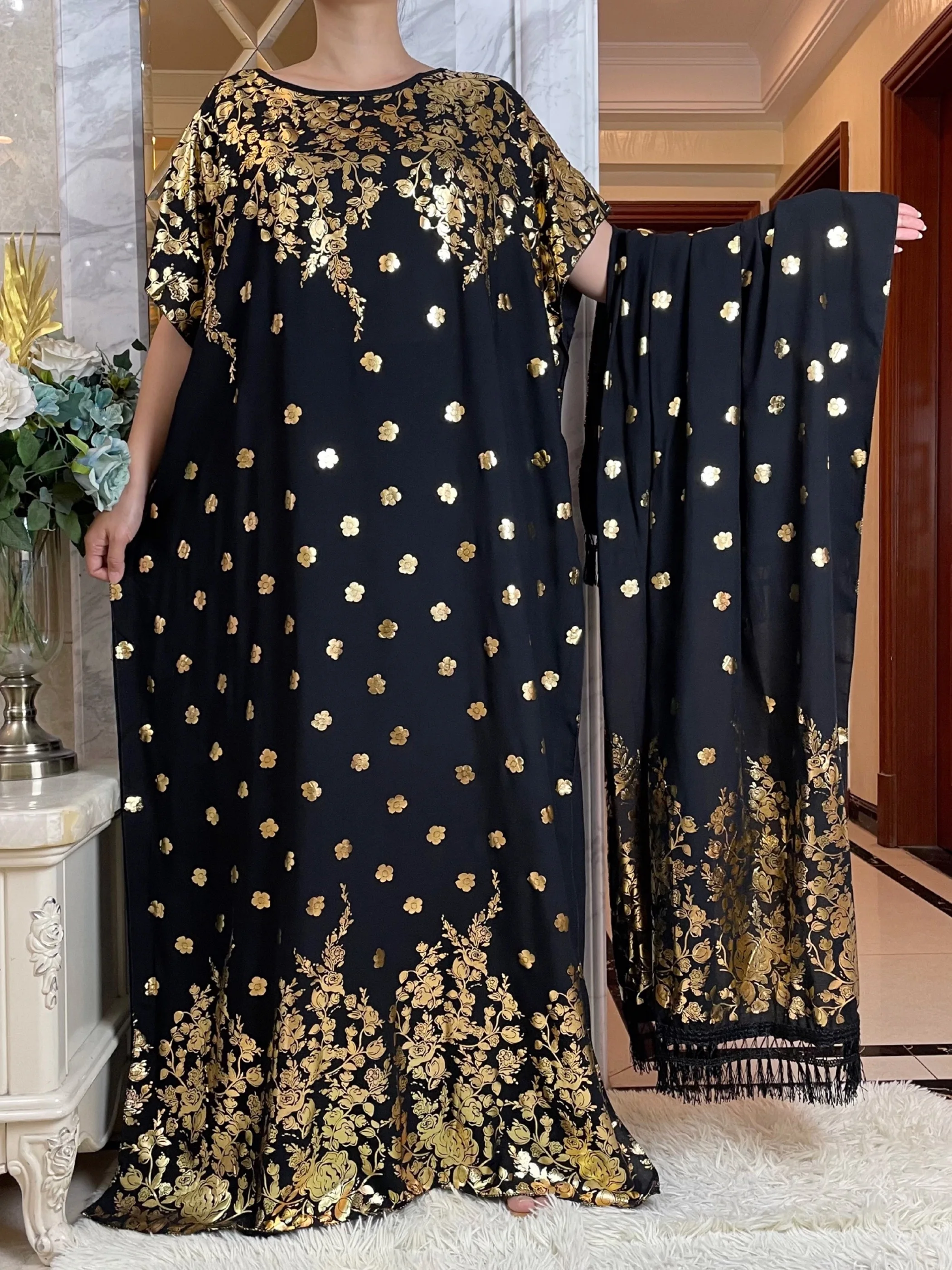 

Newest Muslim Ramadan Eid Dress With Big Scarf Women Loose Cotton Maxi Robe Femme Musulmane African Gold Stamping loral Abaya