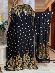 Newest Muslim Ramadan Eid Dress With Big Scarf  Women Loose Cotton Maxi Robe Femme Musulmane African Gold Stamping loral Abaya