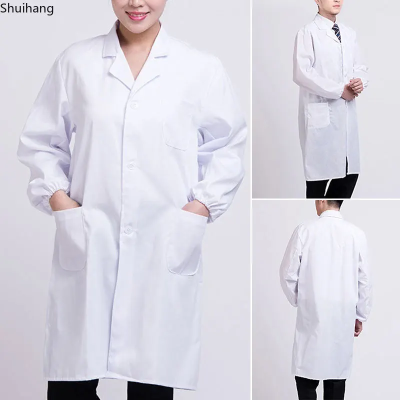 Women Men Unisex Long Sleeve White Lab Coat Notched Lapel Collar Button Down Medical Nurse Doctor Uniform Tunic Blouse