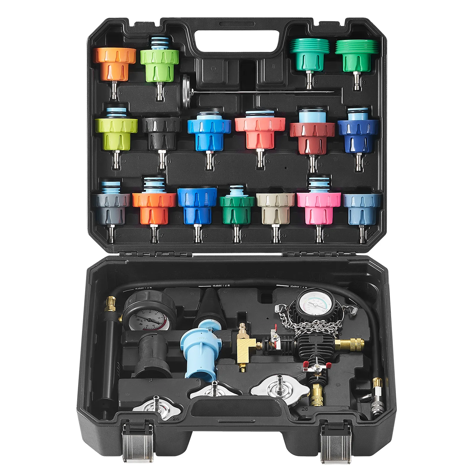 28 pcs Universal Radiator Pressure Tester Kit, Coolant Pressure Tester Kit with Manual Pump and Color-coded Test Caps, Coolant Vacuum Refill kit for Cars Motorcycles Trucks Cooling System