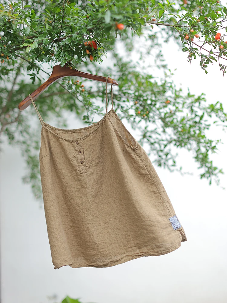 

Женский топ-жилет из льна с эффектом старения, с тонкими бретелями, винтажный, художественный, однотонный, цвет хаки