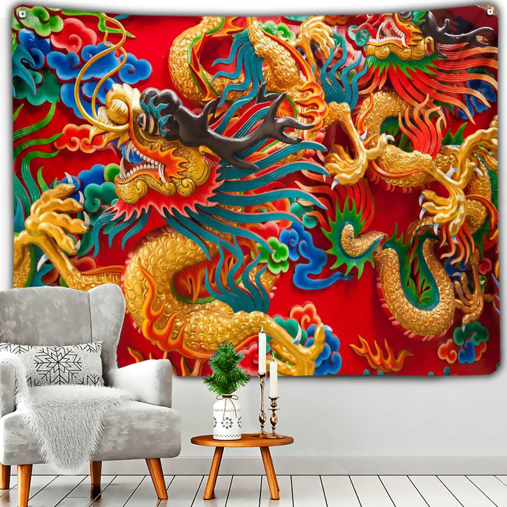 Home Bedroom Living for Decoration Chinese Dragon Tapestry Red Totem Art Ancient Mysterious Animals Theme Wall Hanging Curtain