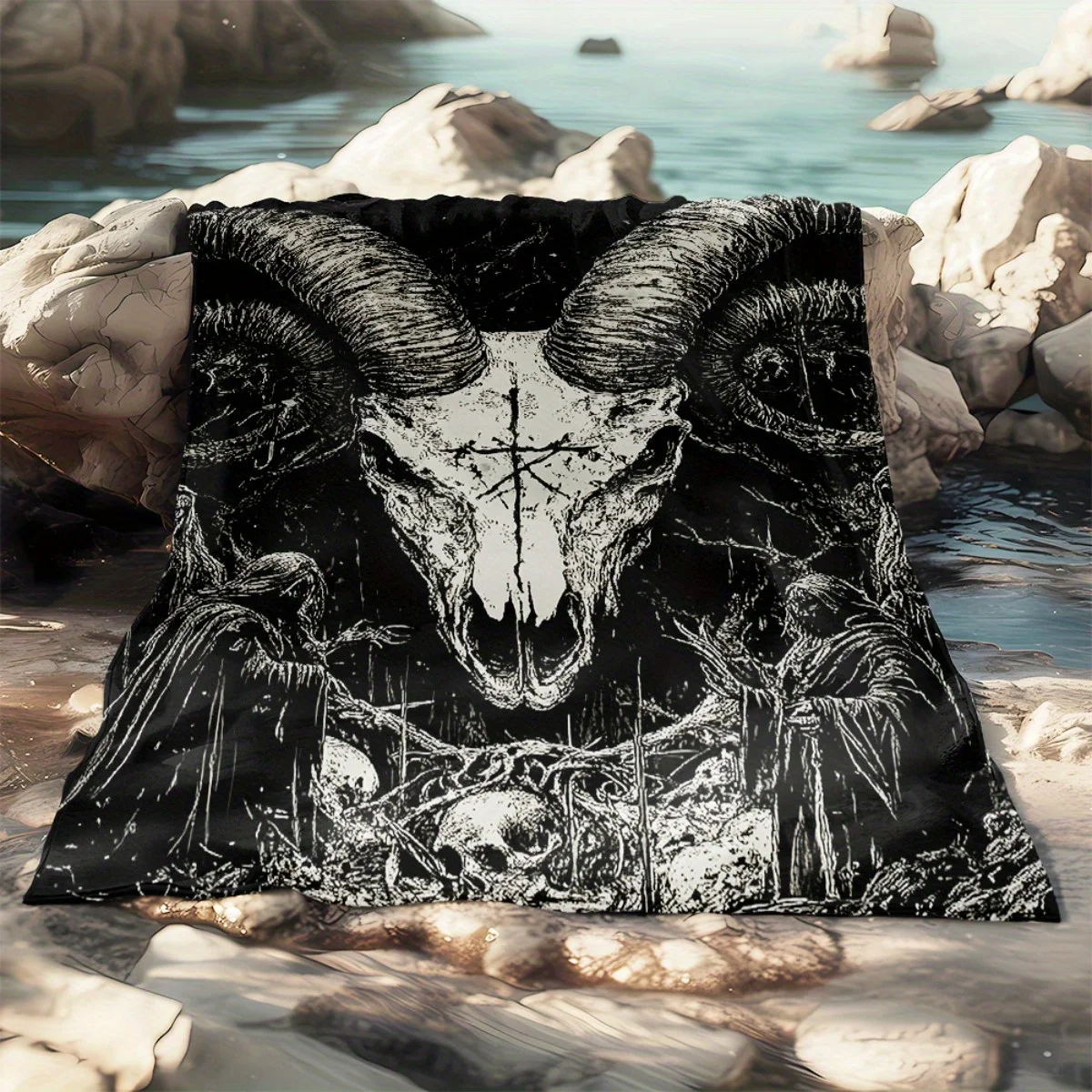 Customize 1pc Goat Head Sculpture Portable Blanket- Lightweight Throw for Sofa Bed Travel Camping, Livingroom Office Couch Chair