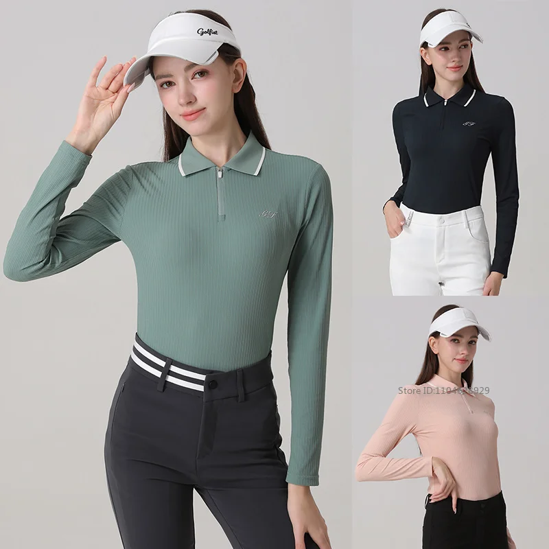 Golfist Women Golf Polo Shirt Long Sleeve Ribbed Texture Zip Collar Tops Ladies Breathable Slim Fit Sport T-Shirts Golf Tennis