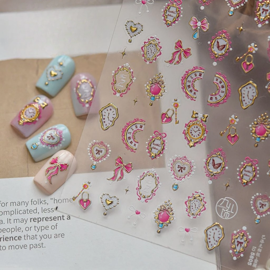 Retro Nail Art Stickers 5D Embossed Clock Pink Bow Heart-shaped Stickers Shiny Self-adhesive Nail 3D Decorations Accessories DIY