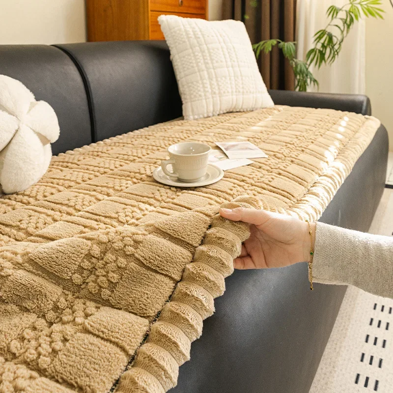 Autumn Winter New Sofa Cover Thickened Short Plush Non-slip Seat Cushion Leather Couch Protector Cover Solid Color Comfortable