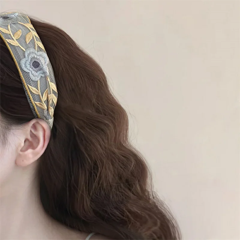 Elegant Embroidery Flower Hairband for Woman Rural Style Flower Wide Hair Band Woman Hair Accessories