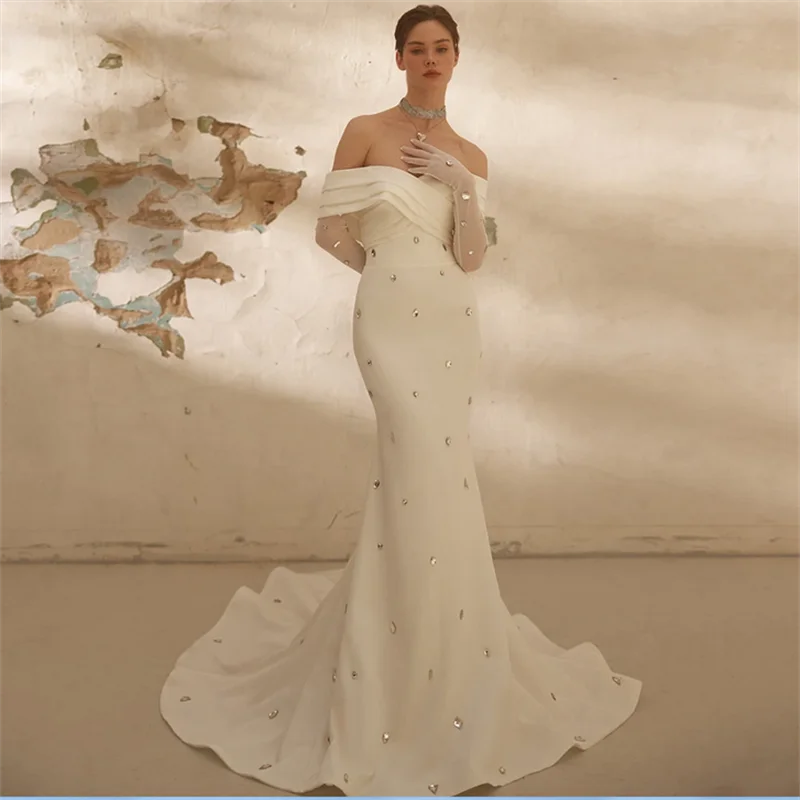 

Ivory Stone Mermaid Wedding Dress Luxury Sweep Train Backless Trumpet Bridal Gown Vestido De Noiva Custom Arabic Bride Dresses