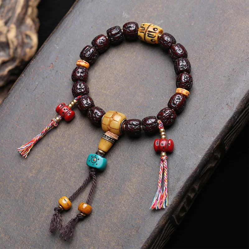 

Tibetan-style single-strand Vajra Bodhi seed mala with recycled beads and pearl pendant