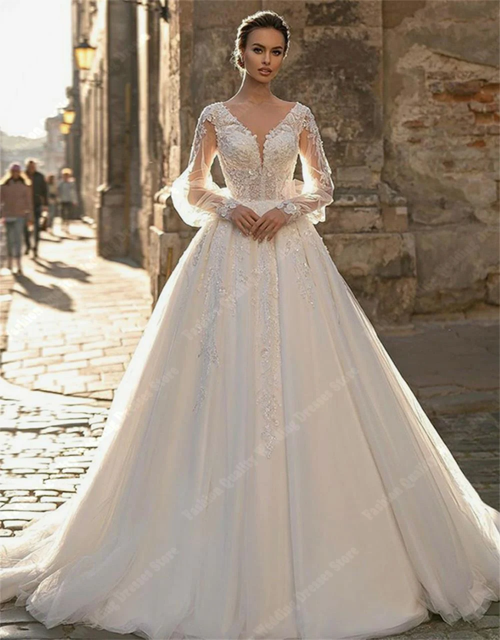 Abiti da sposa con scollo a v a maniche lunghe per le donne abiti da sposa con superficie in raso di alta qualità New Mopping Length Women Vestidos De Novia