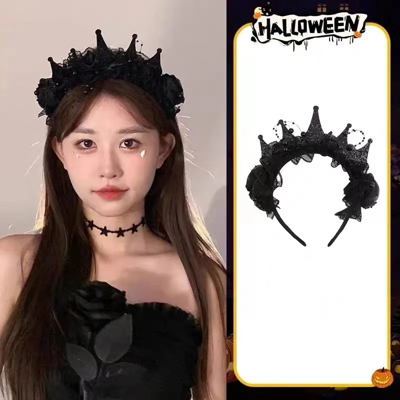 Gothic Black Rose Lace Crown Headband for Women Halloween Victorian Elegant Headwear Hair Accessories for Party Wedding Cosplay view 2