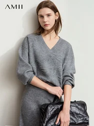 AMII Minimalist Knitted Pullover 2024 Winter New Casual V-neck Bamboo Jacquard Loose Sweater Women's Classic Clothing 12444069