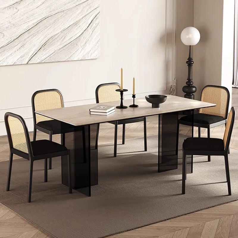 

French retro minimalist travertine rock slab dining table and chair combination designer wabi **** acrylic rectangular dining ta